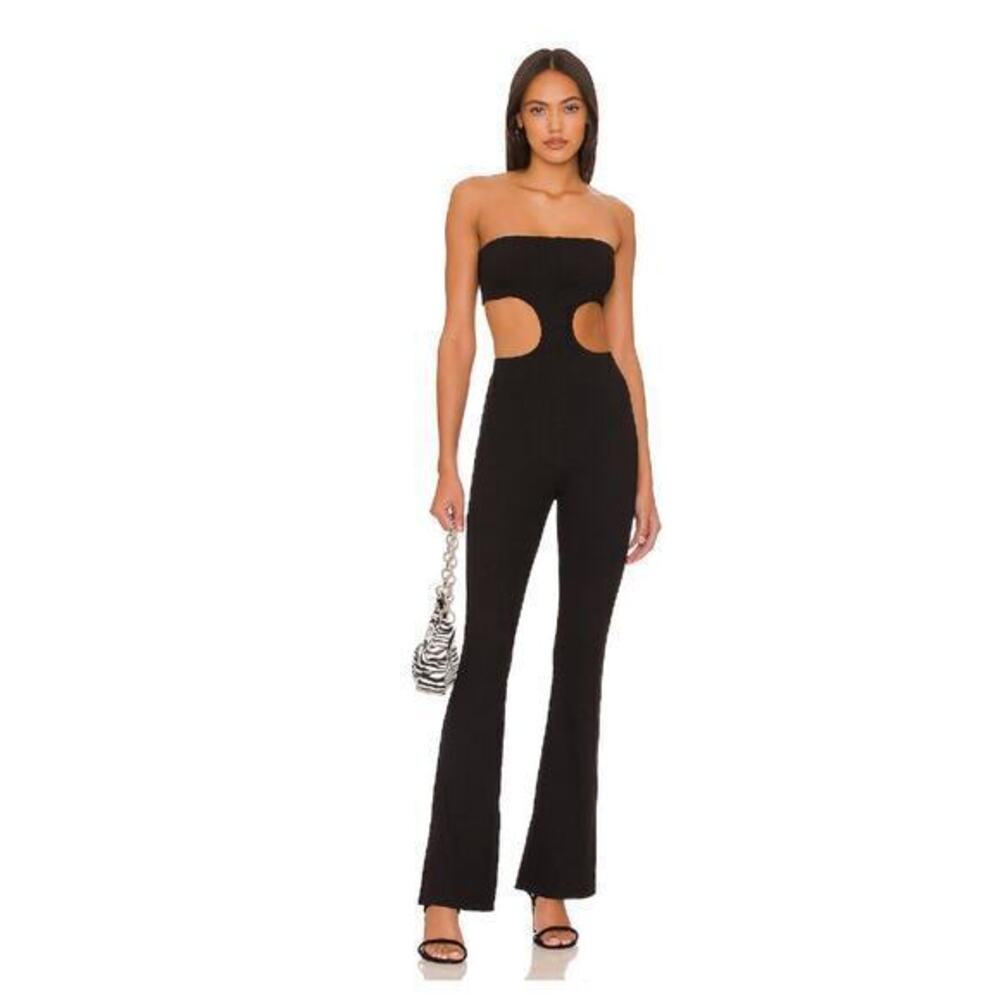 Revolve Superdown black Darcy Cutout Strapless Jumpsuit pull on ribbed sz small